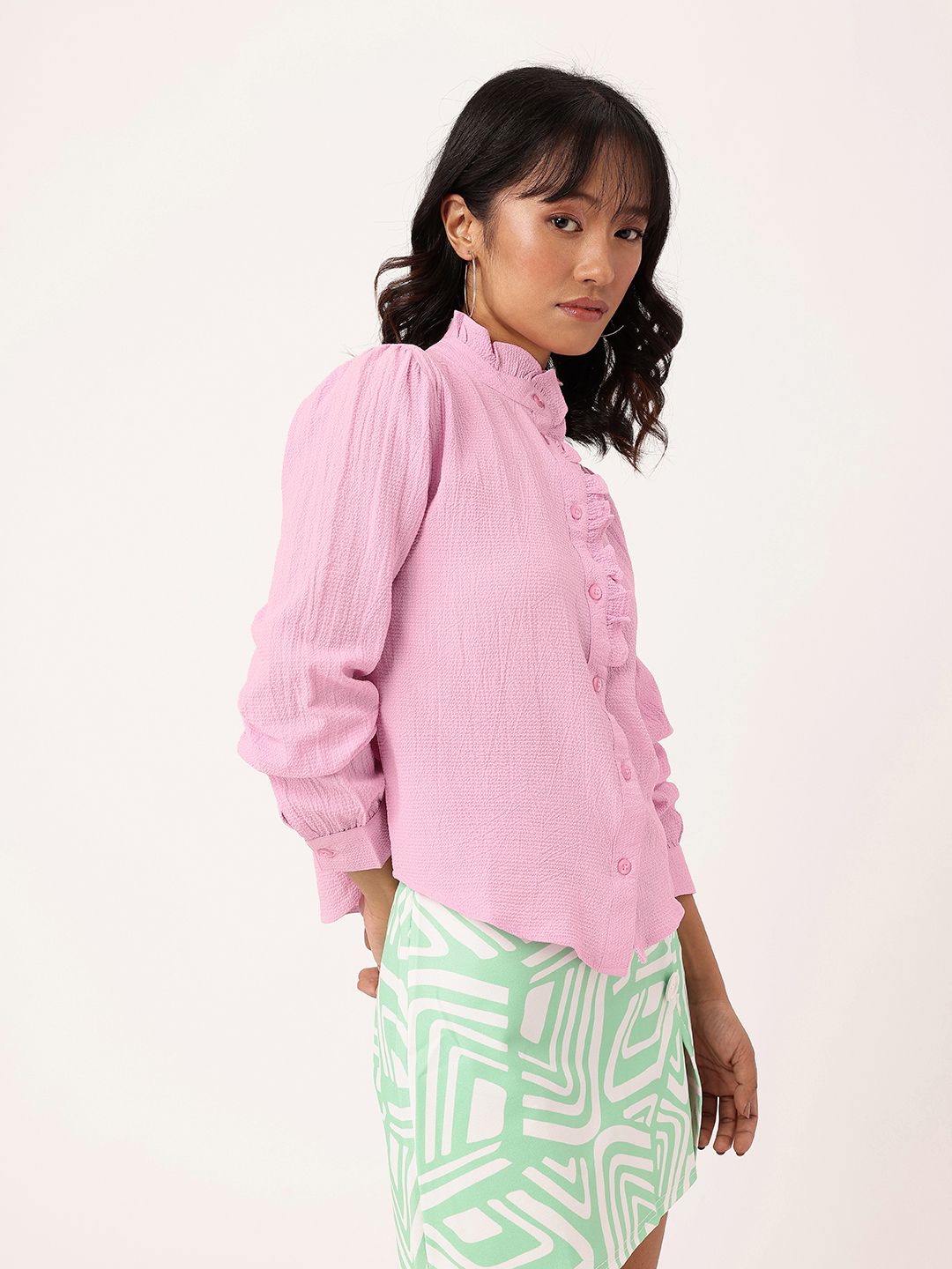 DressBerry Vibrant Vibes Seersucker Textured Ruffles Shirt