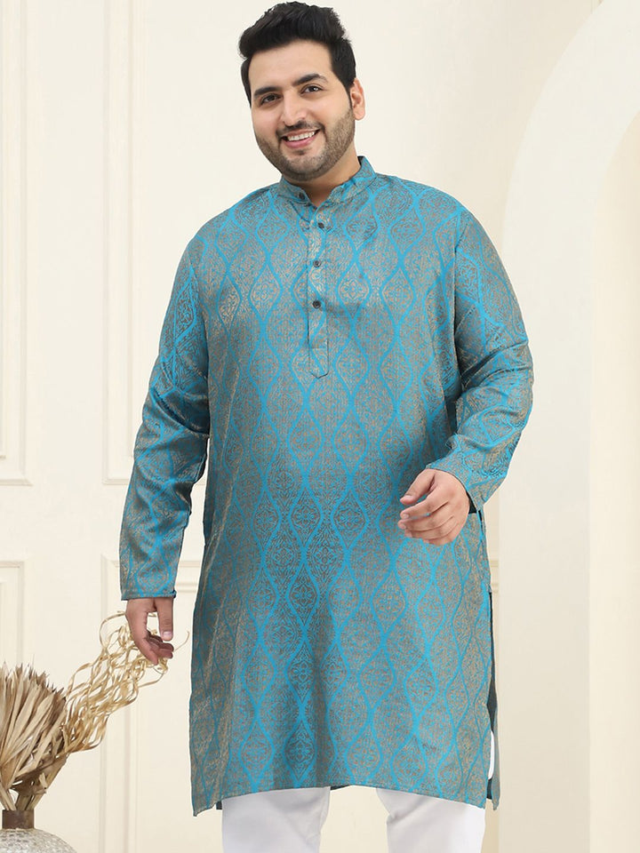 SOJANYA PLUS Men Teal Blue & Golden Ethnic Motifs Jacquard Kurta