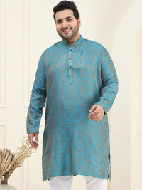 SOJANYA PLUS Men Teal Blue & Golden Ethnic Motifs Jacquard Kurta
