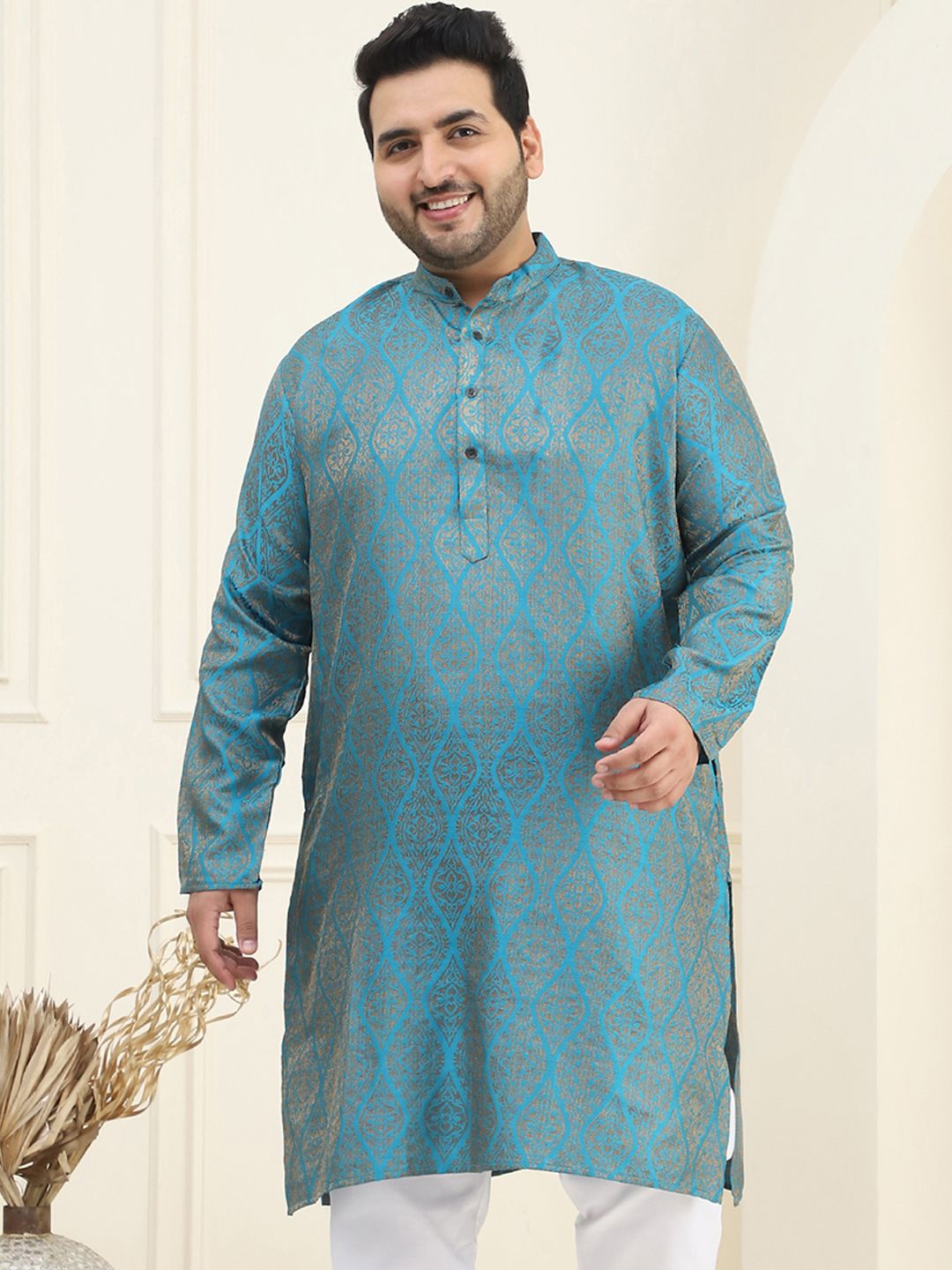 SOJANYA PLUS Lelaki Teal Blue & Golden Motif Etnik Jacquard Kurta