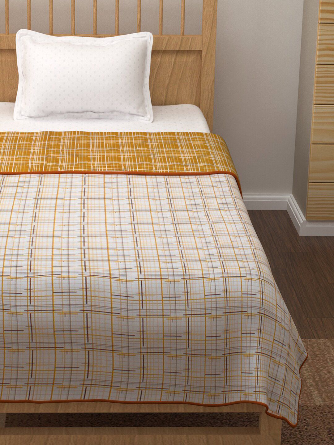 Story@home Yellow & White Checked AC Room 150 GSM Reversible Cotton Single Bed Dohar