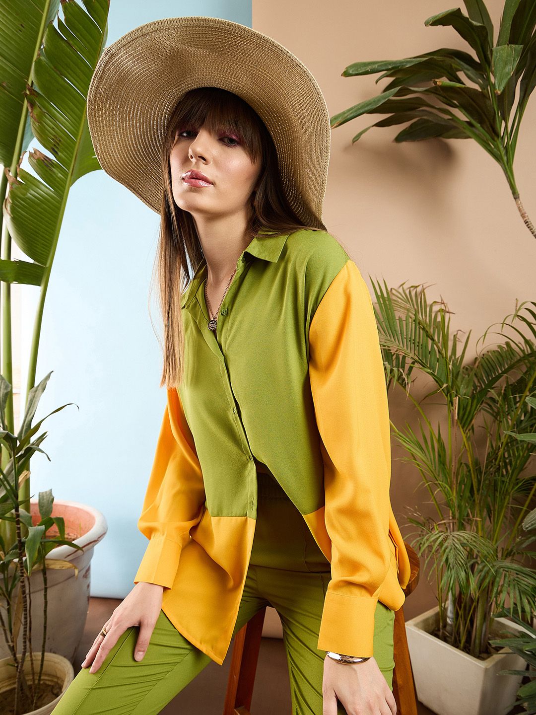 SASSAFRAS Olive Green Colourblocked Shirt With Trousers