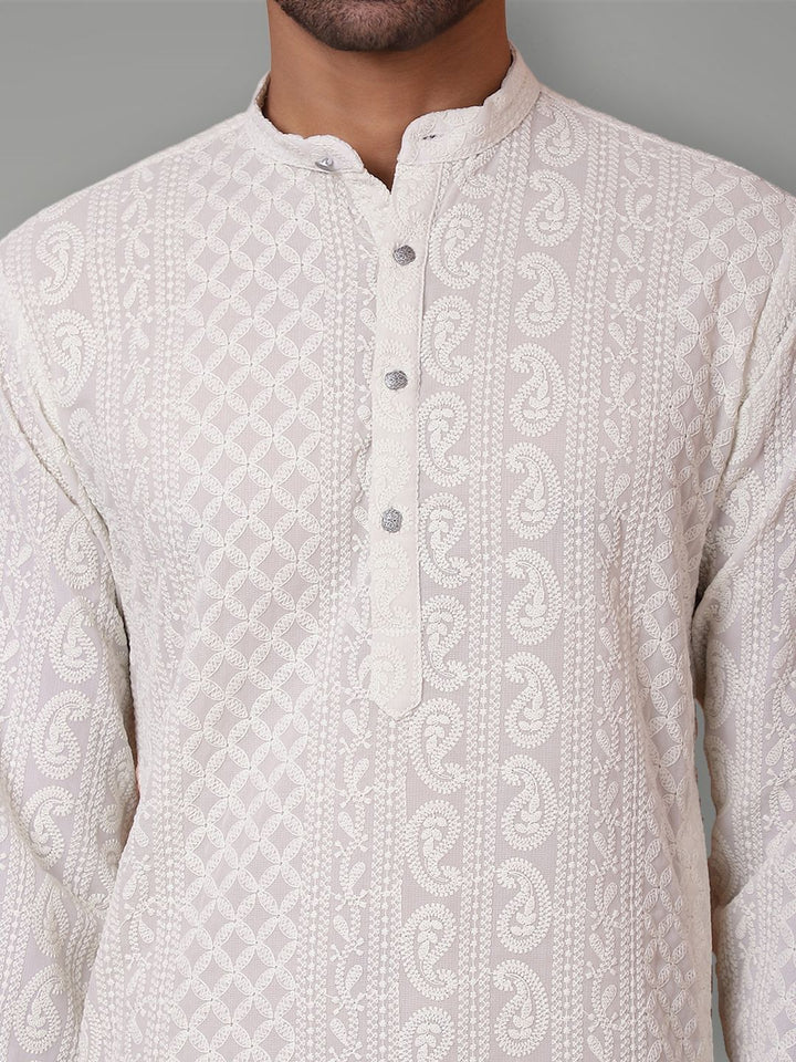 Jompers Men Geometric Flared Sleeves Chikankari Georgette Kurta