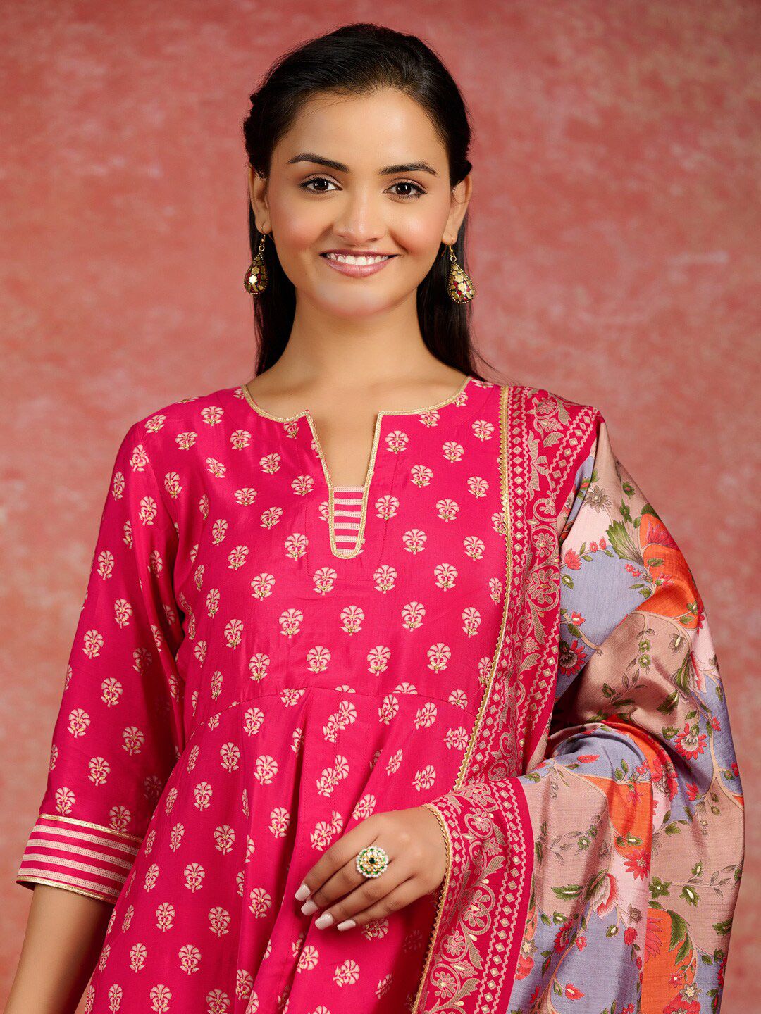 Libas Ethnic Motifs Printed Gotta Patti Pleated Anarkali Kurta & Trousers With Dupatta