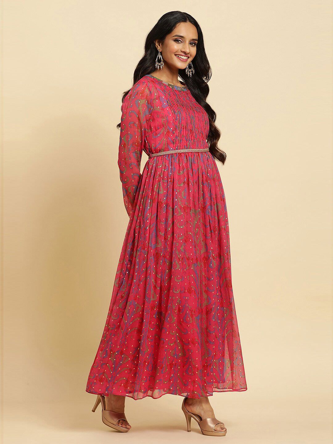 W Pink Self Design Embellished Maxi Ethnic Dress