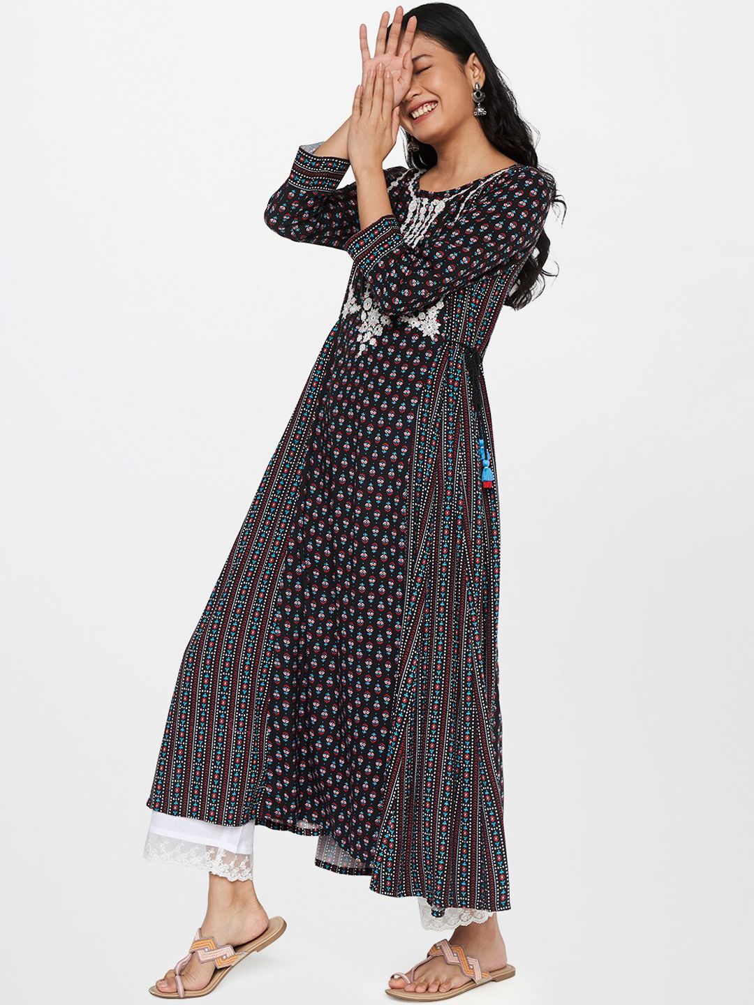 Global Desi Women Black Ethnic Motifs Printed Thread Work Anarkali Kurta
