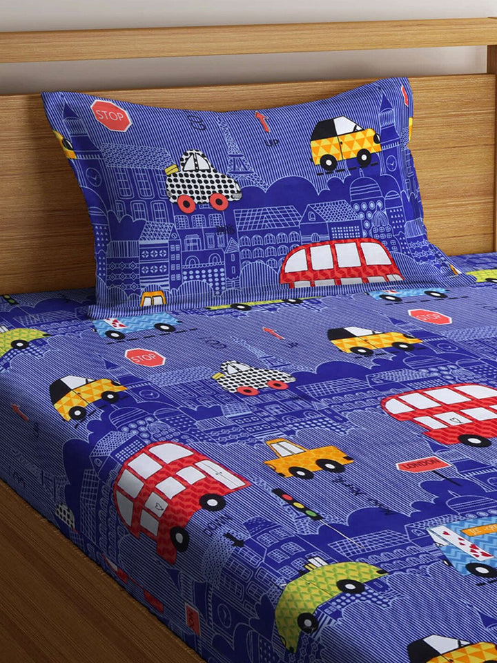 KLOTTHE Blue Conversational Polycotton 210 TC Single Halus Cadar dengan Sarung Bantal-87 x 59 inci