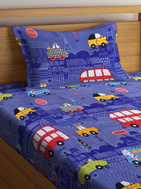KLOTTHE Blue Conversational Polycotton 210 TC Single Halus Cadar dengan Sarung Bantal-87 x 59 inci