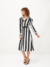 SASSAFRAS Black Striped A-Line Dress