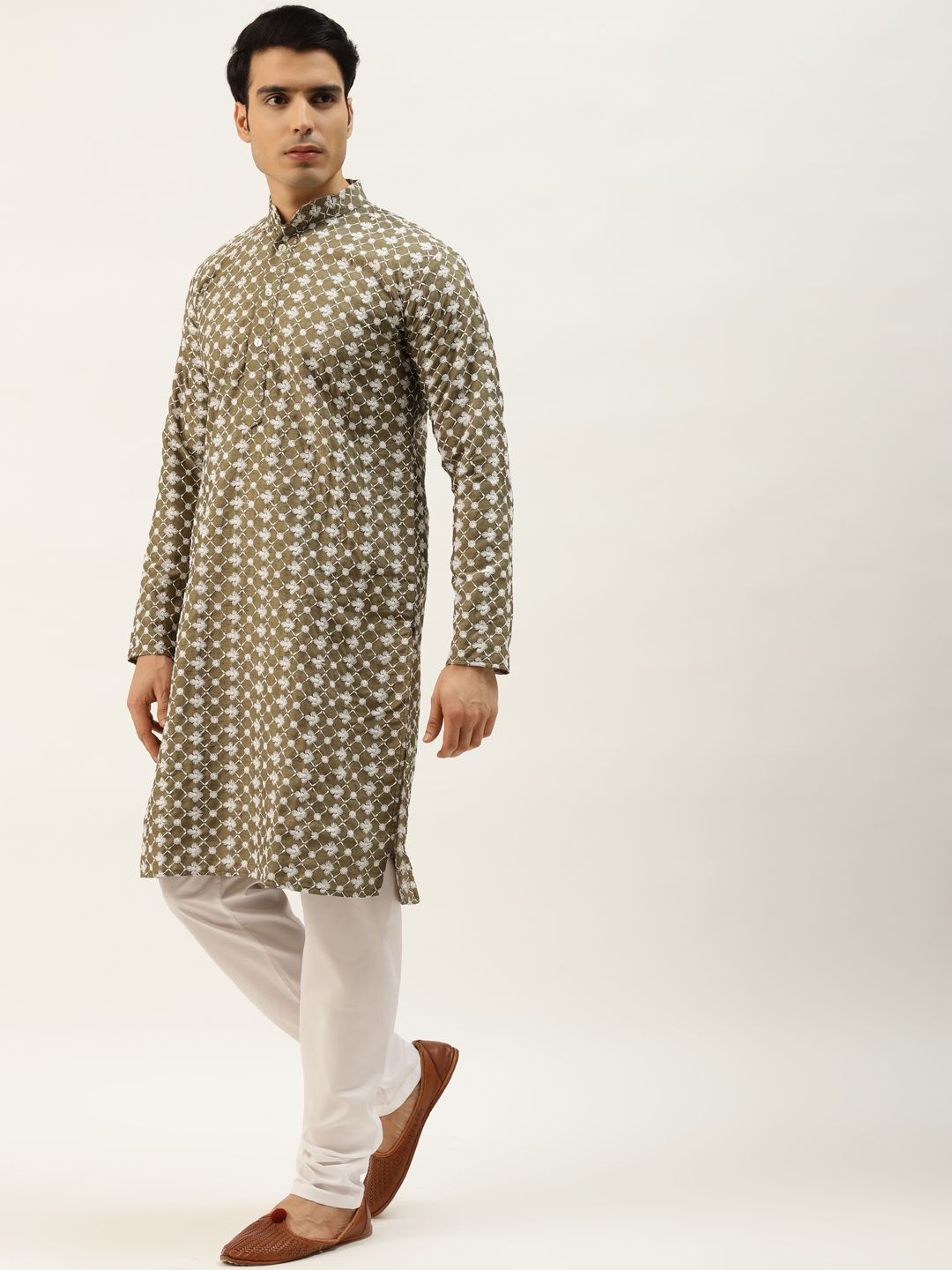 SOJANYA Lelaki Motif Etnik Zaitun Sulam Benang Kerja Kurta dengan Churidar