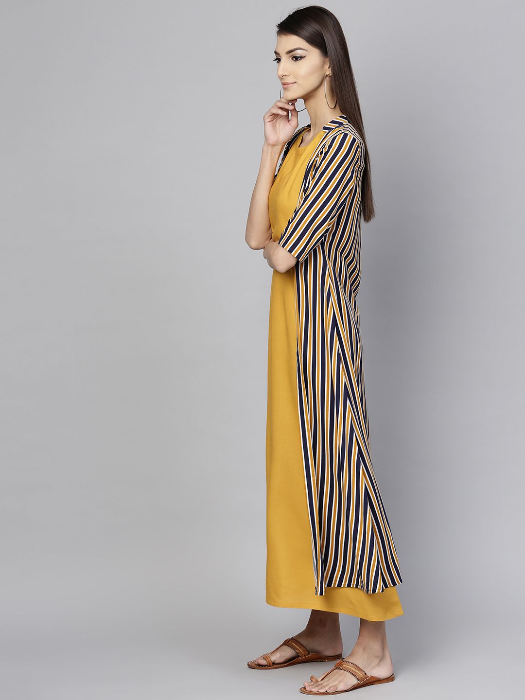 Libas Women Mustard Yellow Solid Maxi Dress with Ethnic Jacket