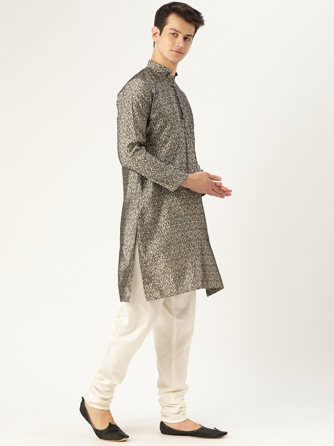 SOJANYA Lelaki Off-White & Black Woven Design Straight Kurta