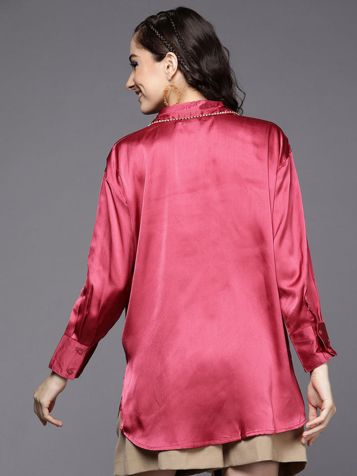 SASSAFRAS Women Pink Comfort Fit Satin Longline Party Shirt