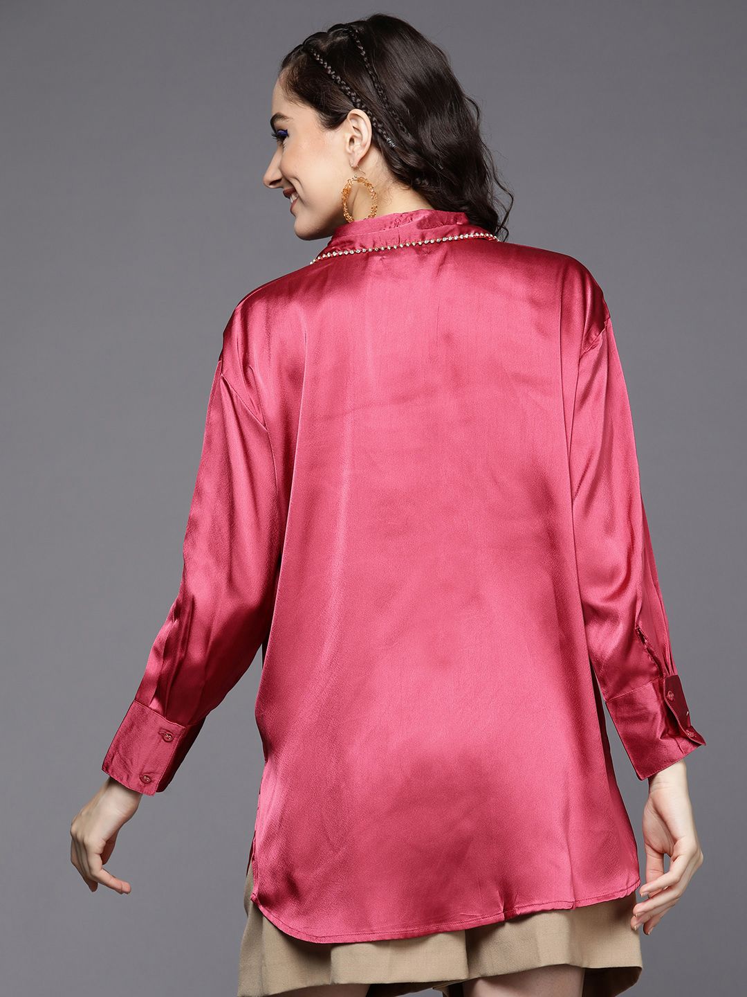 SASSAFRAS Women Pink Comfort Fit Satin Longline Party Shirt