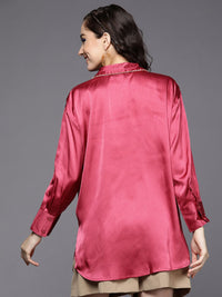 SASSAFRAS Women Pink Comfort Fit Satin Longline Party Shirt
