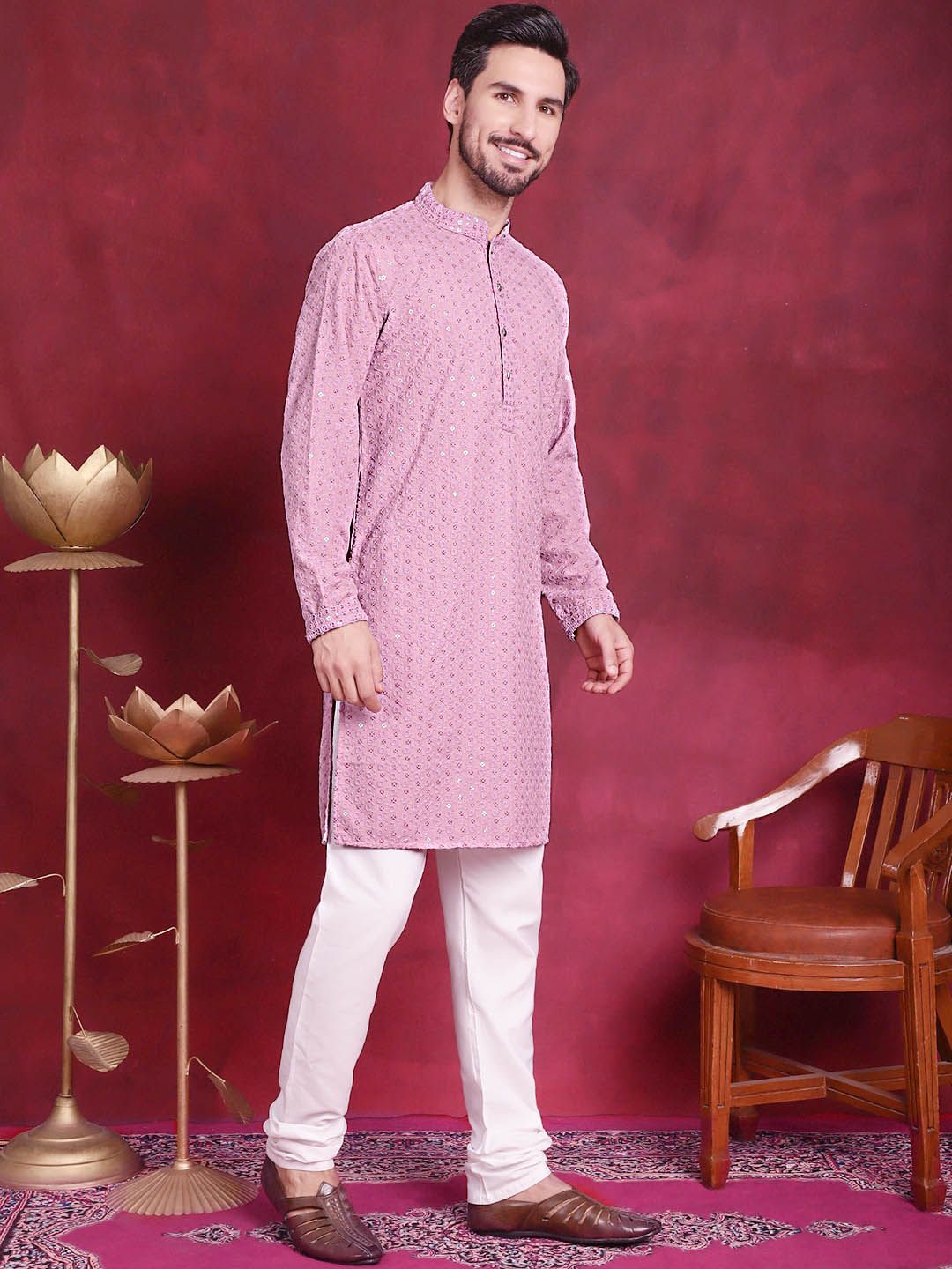 Jompers Floral Embroidered Sequinned Chikankari Pure Cotton Kurta