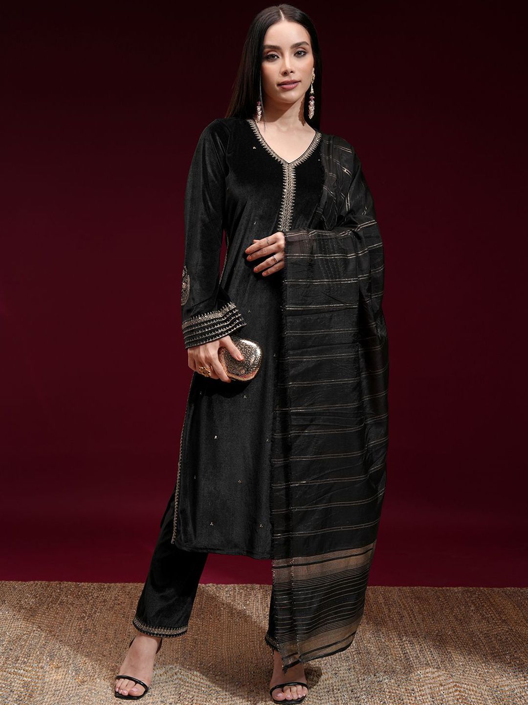 Vishudh Women Embroidered Velvet Straight Kurta with Slim Palazzo and Dupatta