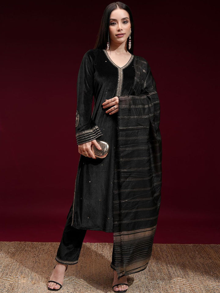 Vishudh Women Embroidered Velvet Straight Kurta with Slim Palazzo and Dupatta