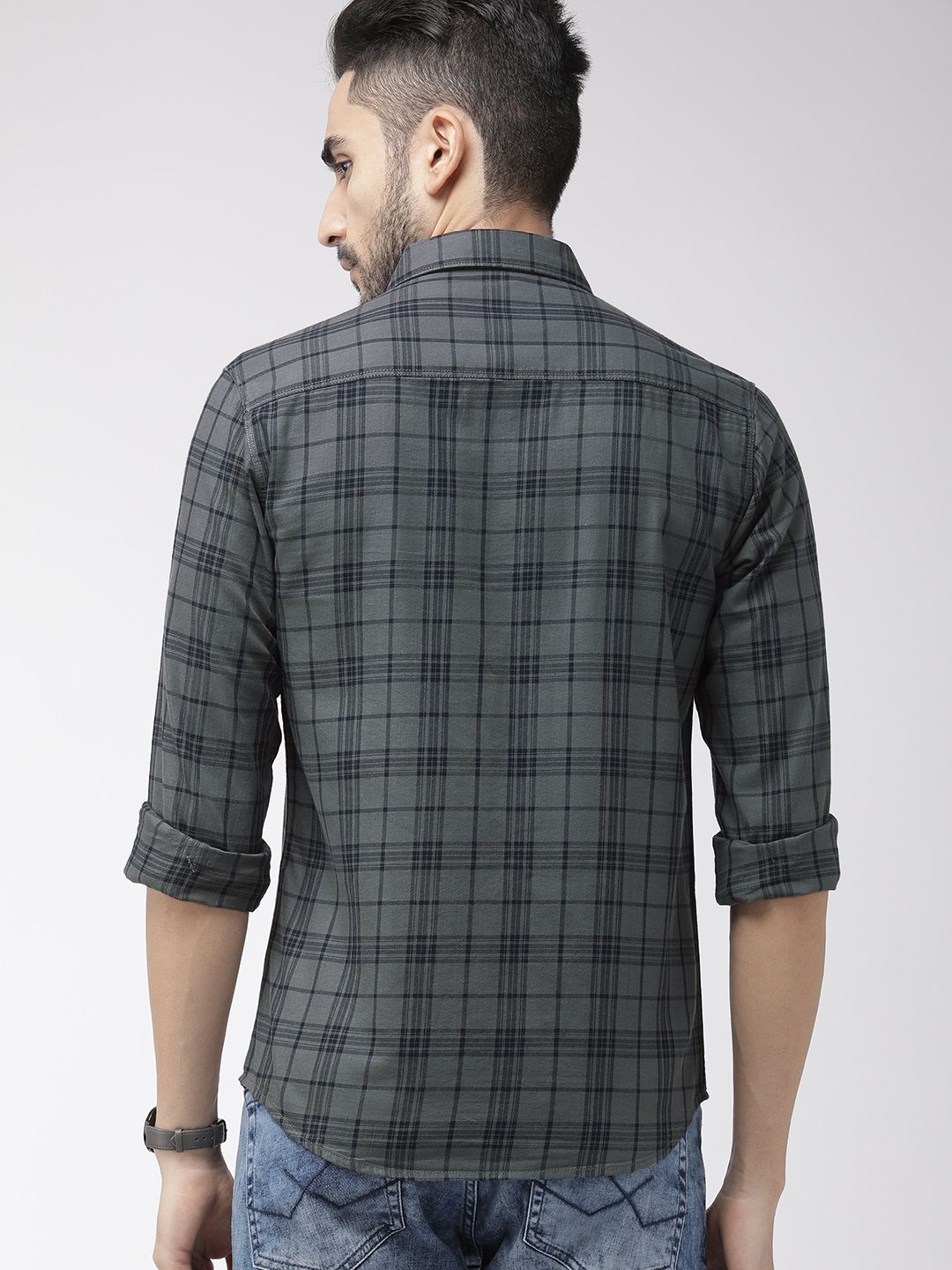 The Indian Garage Co Men Grey & Navy Blue Slim Fit Checked Casual Shirt