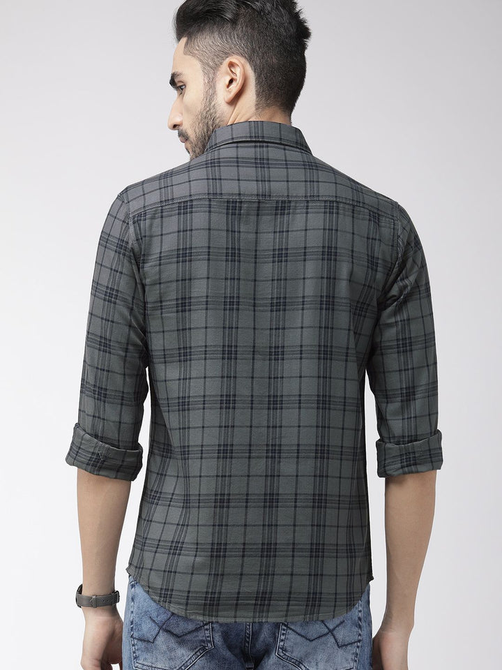 The Indian Garage Co Men Grey & Navy Blue Slim Fit Checked Casual Shirt