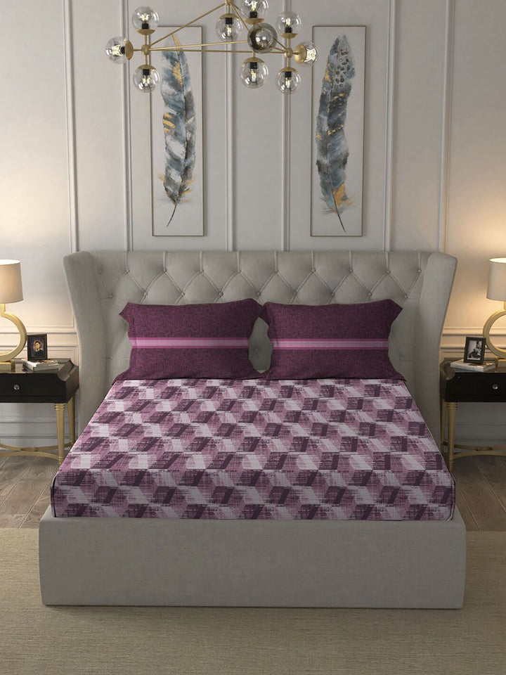 MYTRIDENT Taupe  White Geometric Pure Cotton 144 TC Queen Bedsheet With 2 Pillow Covers