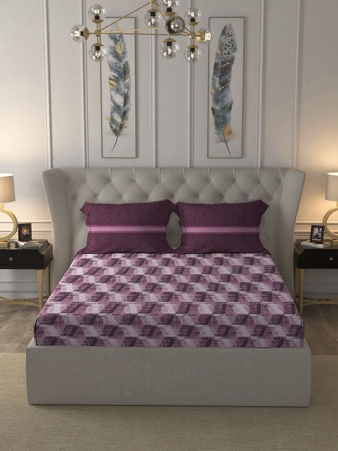 MYTRIDENT Taupe  White Geometric Pure Cotton 144 TC Queen Bedsheet With 2 Pillow Covers