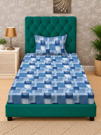 Homes Blue & Navy Blue Geometric 400 TC Single Bedsheet with 1 Pillow Covers