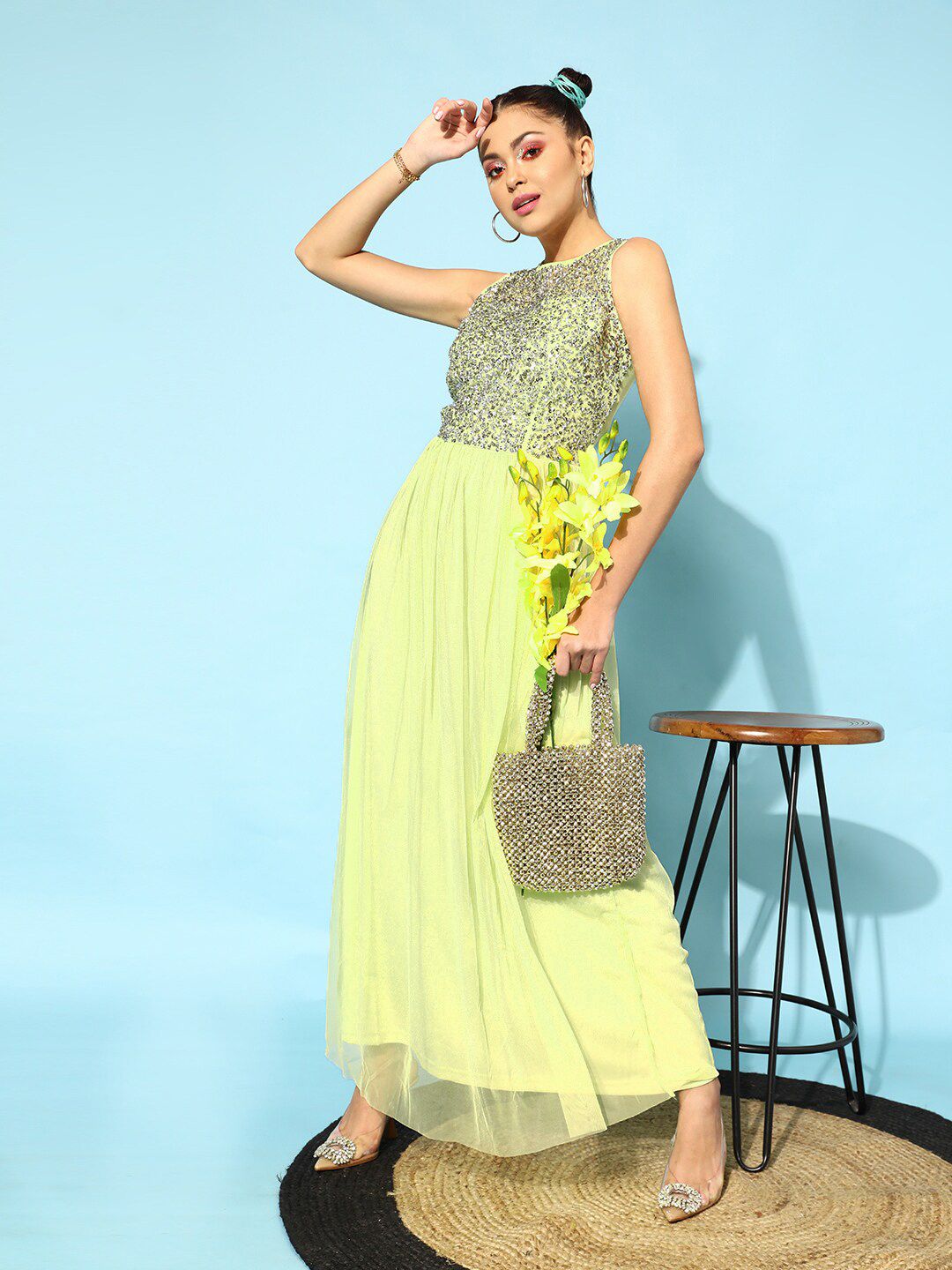 STREET 9 Women Lime Green Embellished Dress