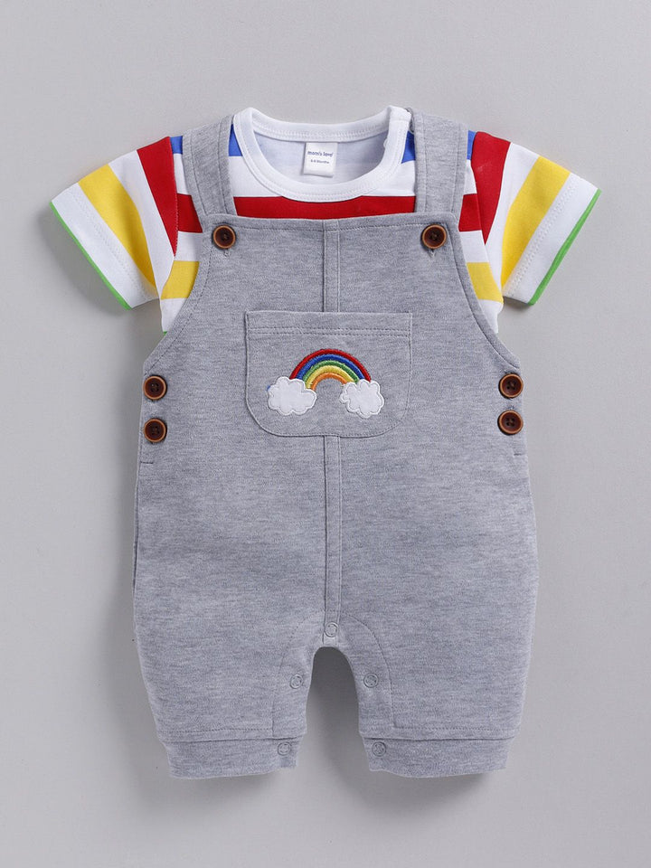 Moms Love Infant Boys Pure Cotton Dungaree With Striped T-Shirt