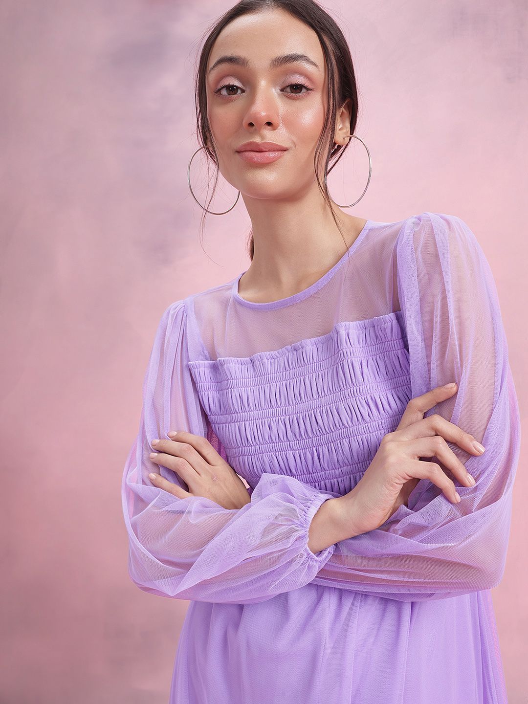 DressBerry Puff Sleeve Net Fit & Flare Midi Dress