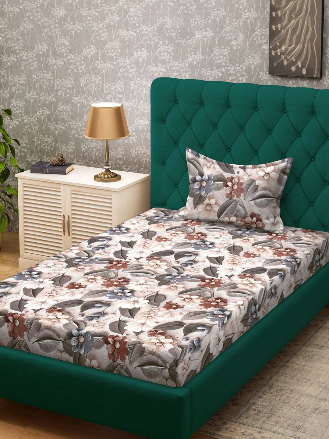 KLOTTHE Beige & Grey Floral Printed Flat 300 TC Single 7D Bedsheet With Pillow Cover