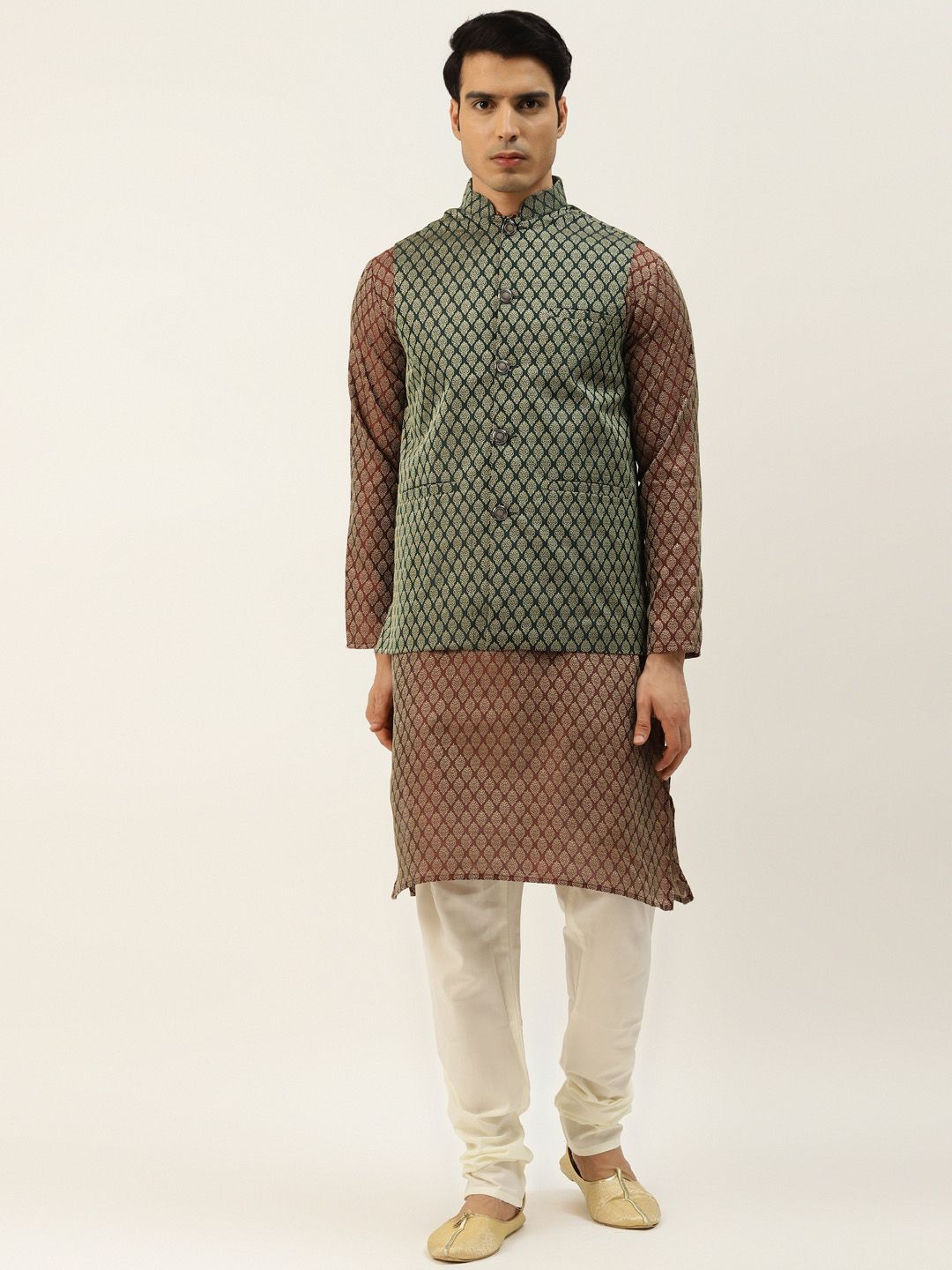 SOJANYA Men Maroon Woven Design Kurta with Churidar & Nehru Jacket