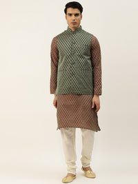 SOJANYA Men Maroon Woven Design Kurta with Churidar & Nehru Jacket