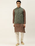 SOJANYA Men Maroon Woven Design Kurta with Churidar & Nehru Jacket