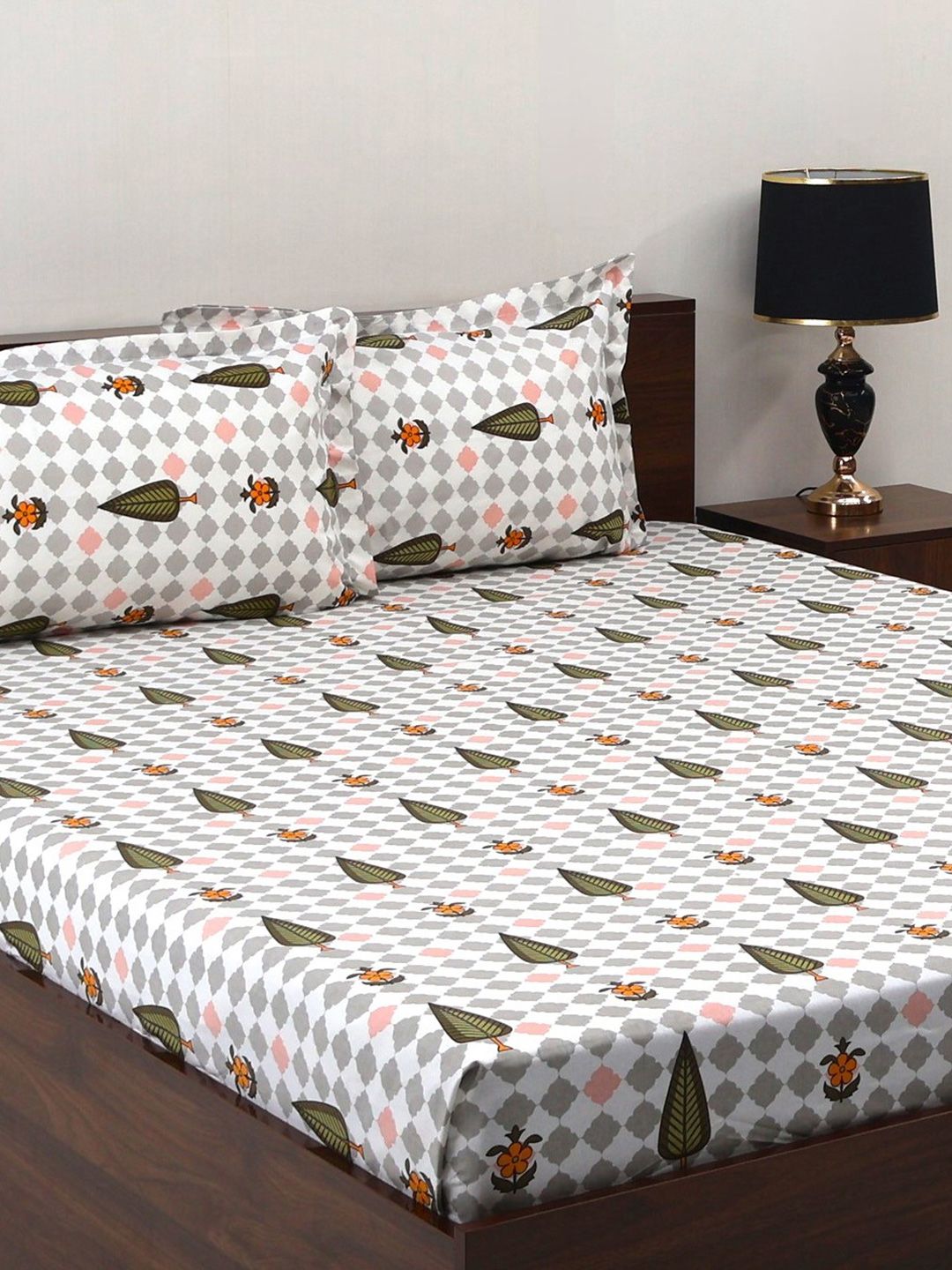 BOMBAY DYEING Cardinal Green Floral Printed Cotton 120 TC Queen Bedsheet Set 2.54 x 2.24m
