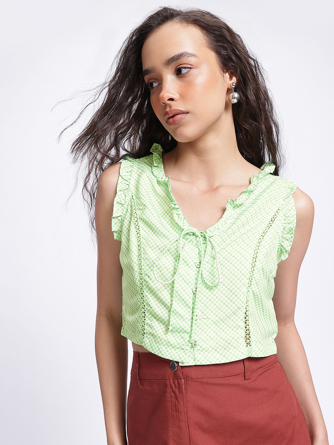 DressBerry Summer Checks Ruffled Tie-Up Button-Up Crop Top