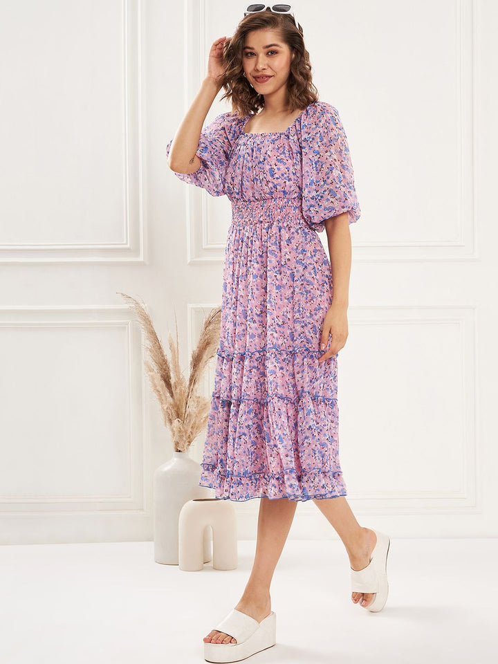 Antheaa Square Neck Floral Printed Tiered Chiffon Fit & Flare Midi Dress