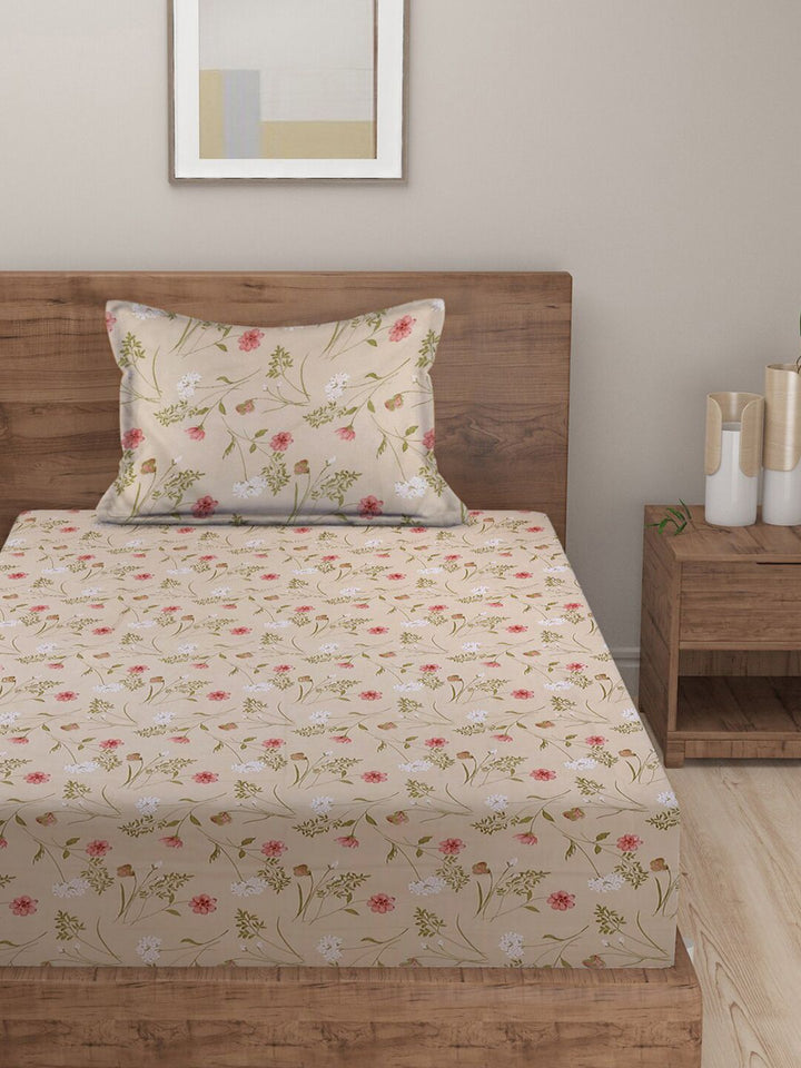 HOSTA HOMES Pink & Green Floral 210 TC Flat Cotton Single Bedsheet & 1 Pillow Cover