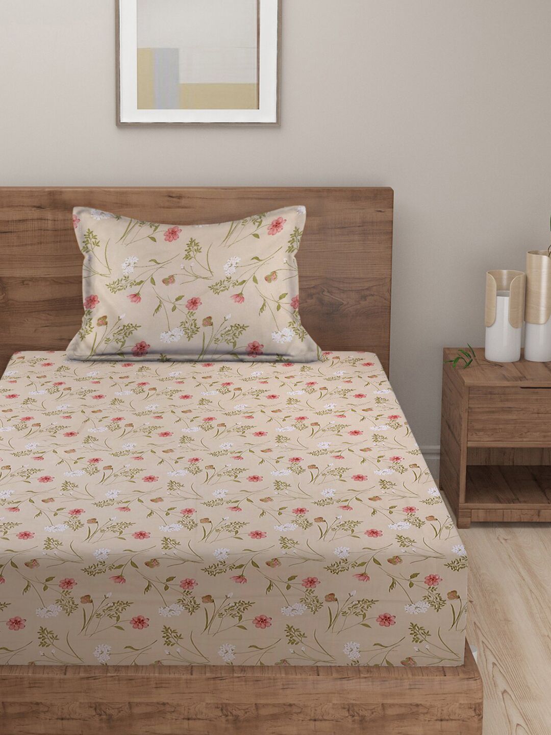 HOSTA HOMES Pink & Green Floral 210 TC Flat Cotton Single Bedsheet & 1 Pillow Cover