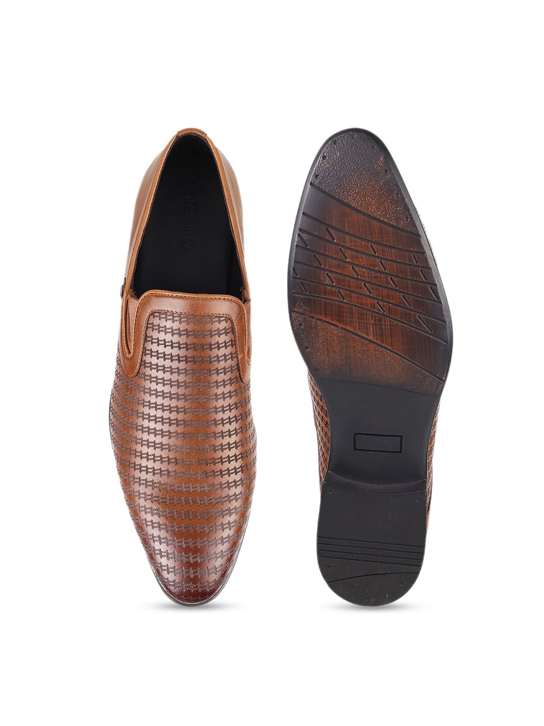 Metro Men Textured Round Toe Leather Formal Slip-On Shoes