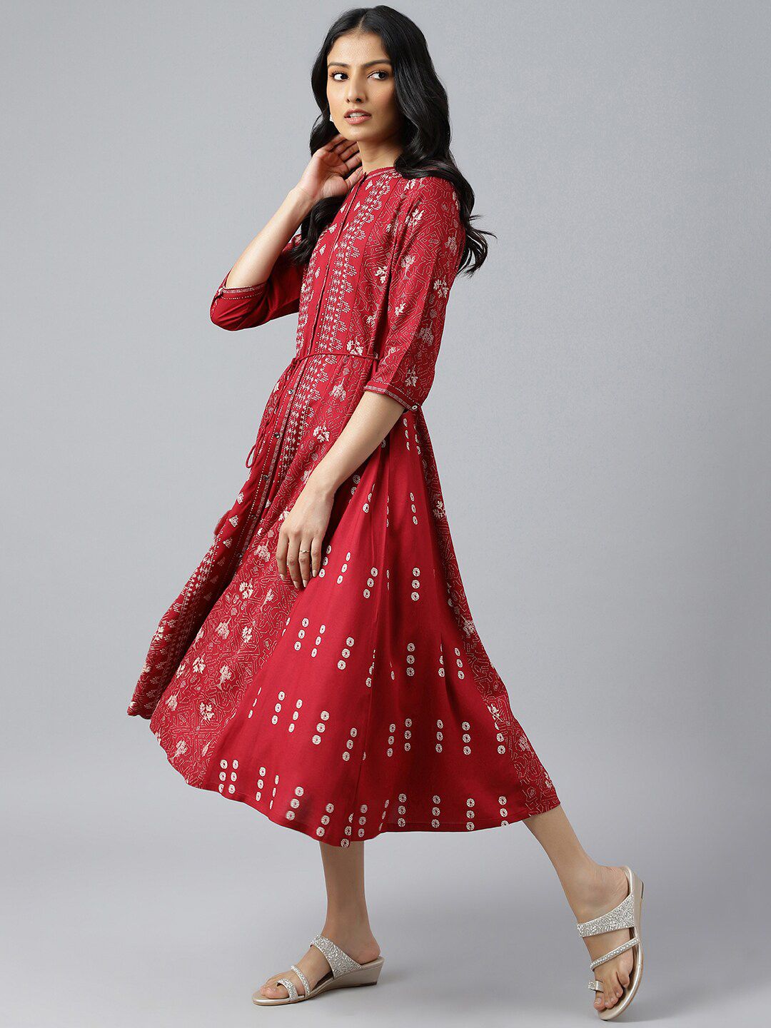 W Women Red Floral Printed A-Line Midi Dress