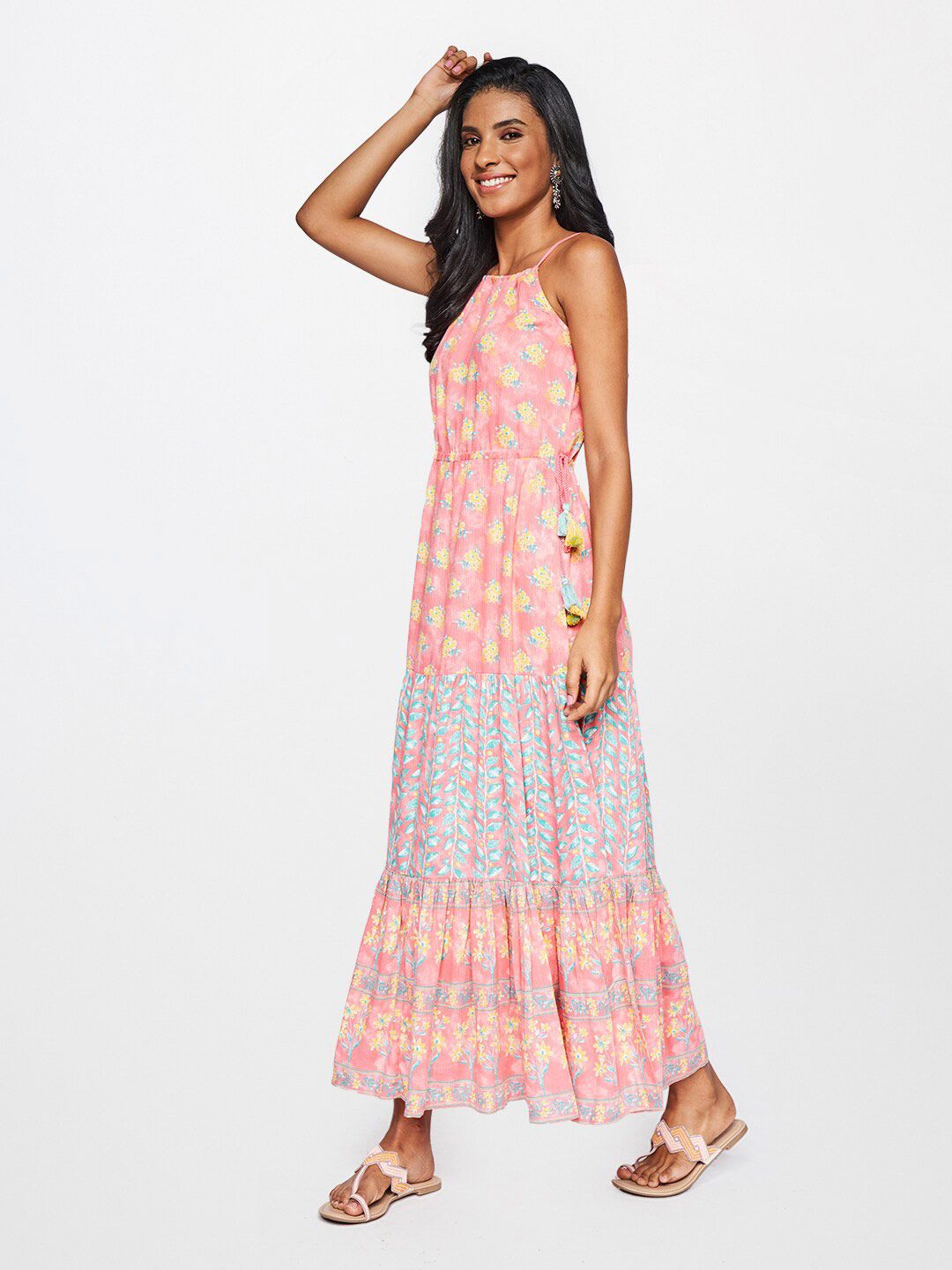 Global Desi Women Pink Floral Print Maxi Dress