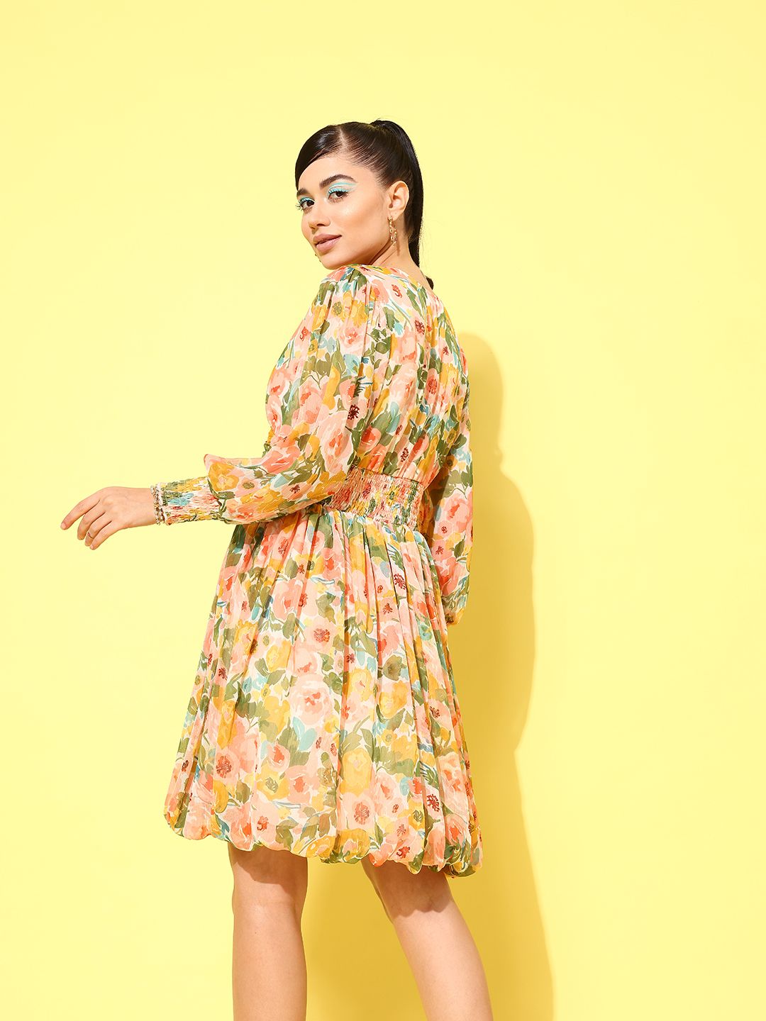Antheaa Floral Print Puff Sleeve Chiffon A-Line Dress