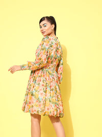 Antheaa Floral Print Puff Sleeve Chiffon A-Line Dress