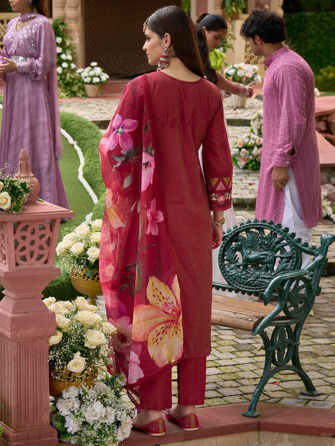 Indo Era Women Floral Embroidered Regular Thread Work Kurta with Trousers & With Dupatta
