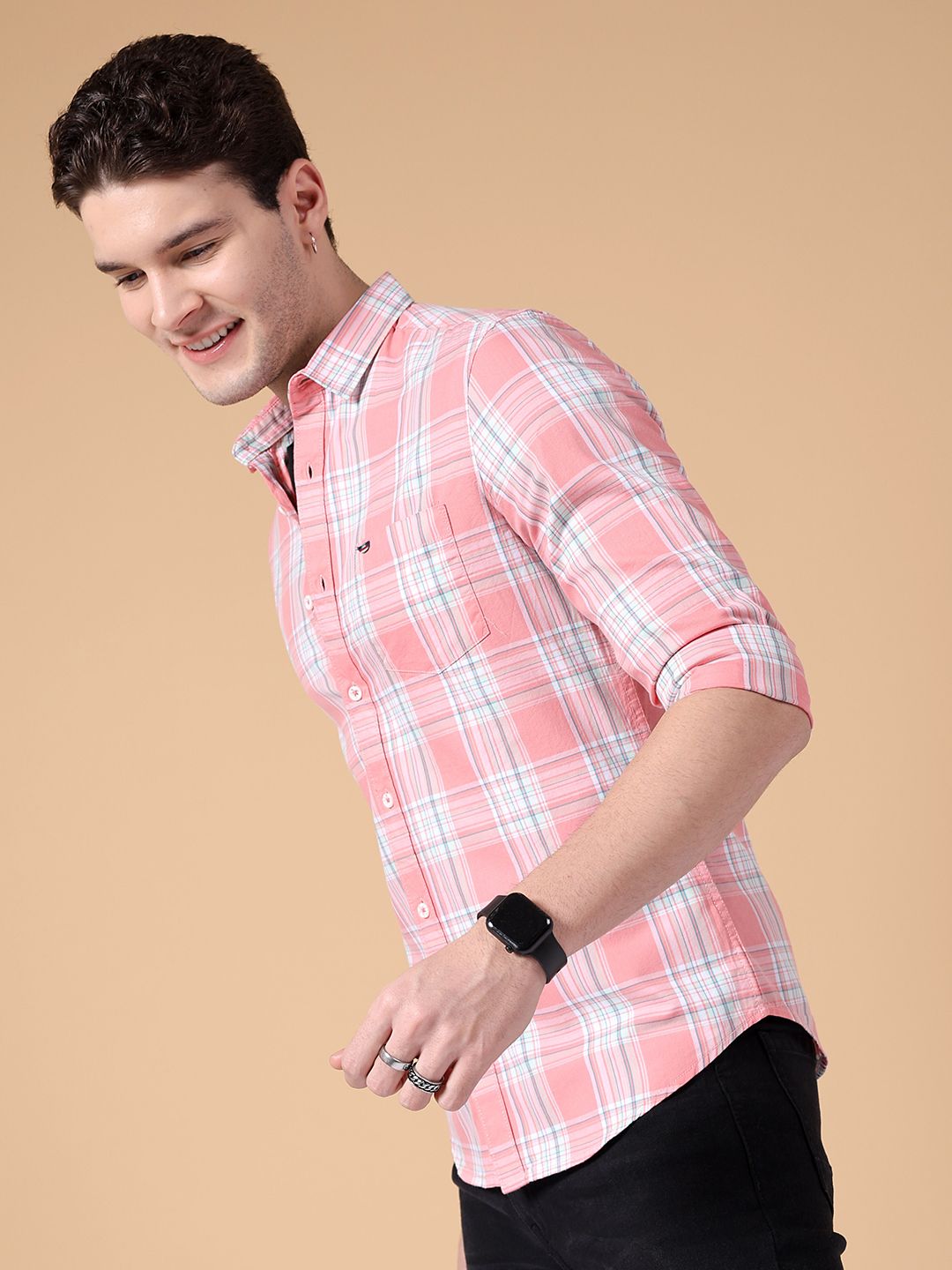 The Indian Garage Co Spread Collar Slim Fit Checked Casual Pure Cotton Shirt