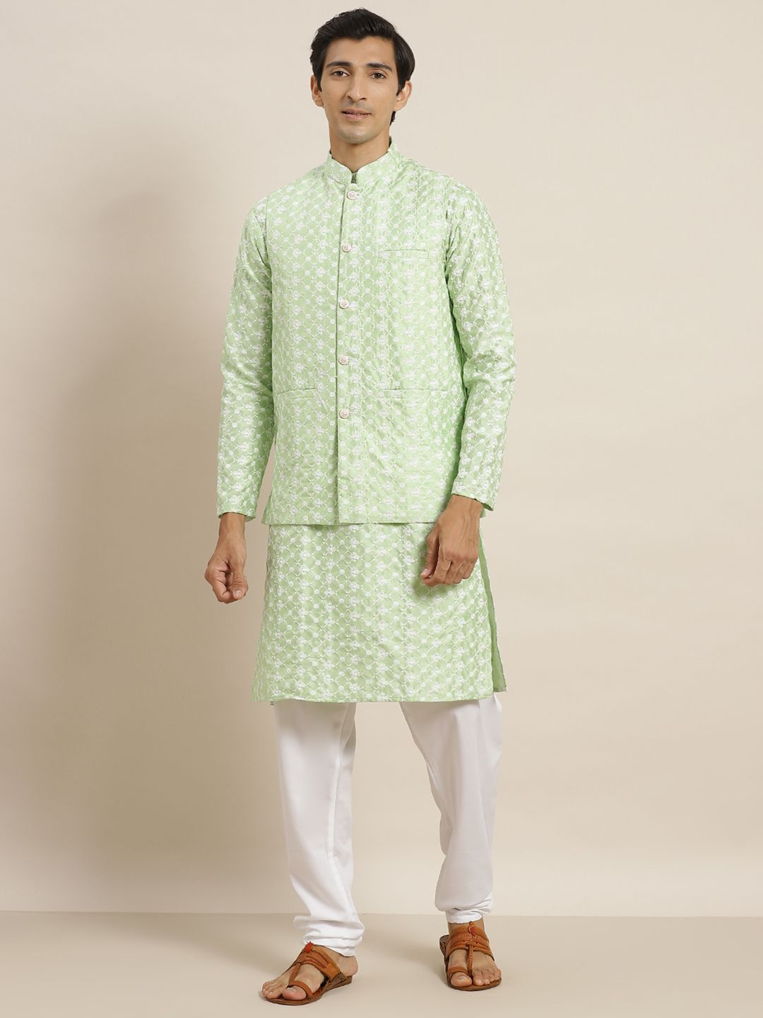 SOJANYA Set Kurta Sulam Bunga Hijau & Putih Lelaki & Jaket Nehru