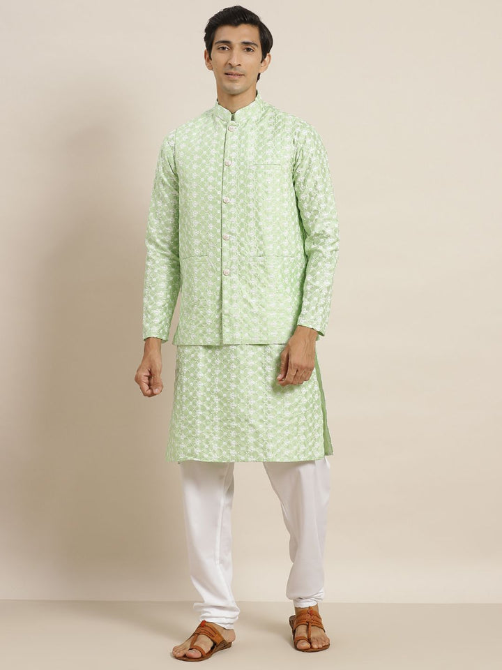 SOJANYA Set Kurta Sulam Bunga Hijau & Putih Lelaki & Jaket Nehru