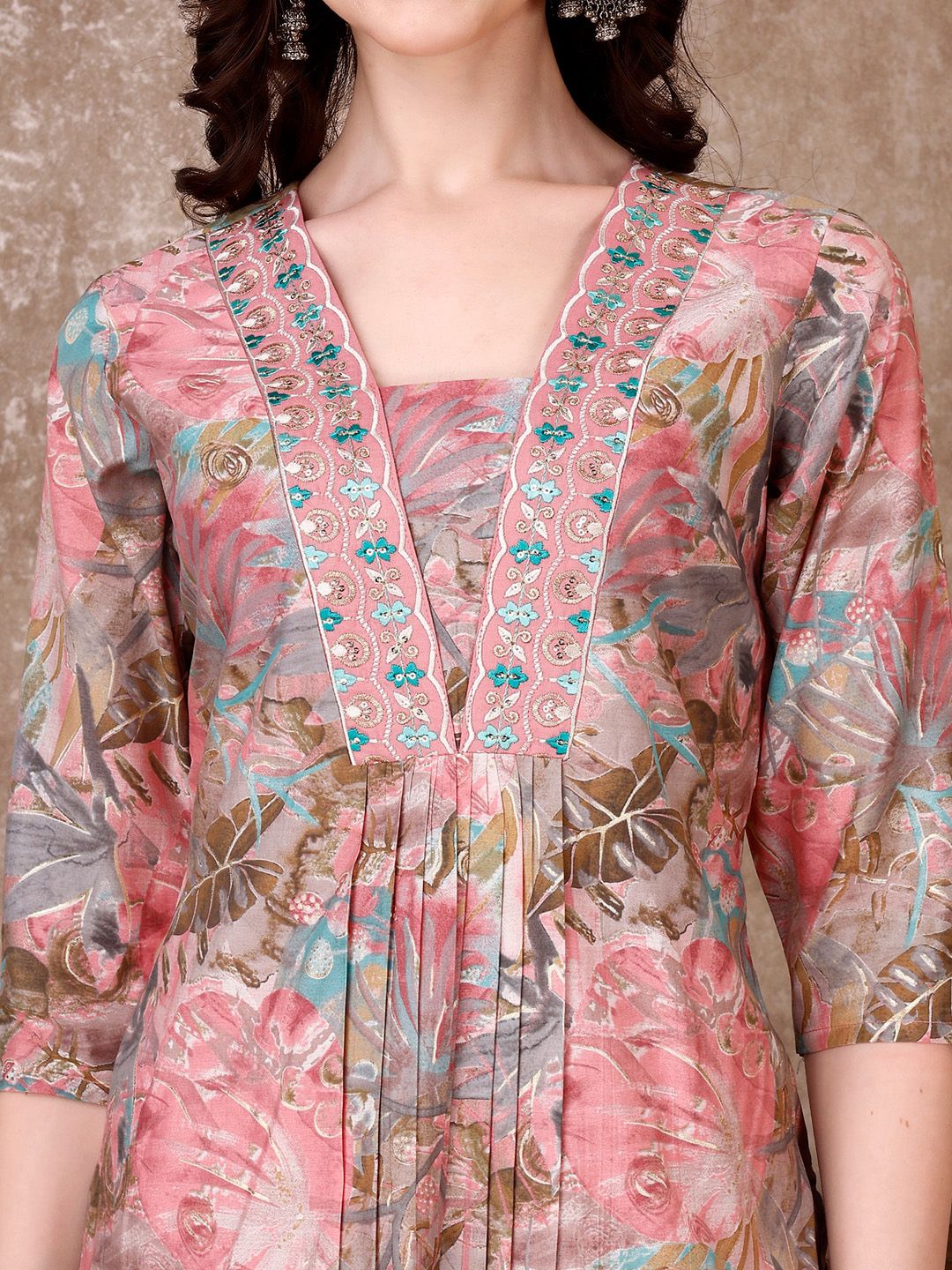 KALINI Floral Printed Regular Thread Work Kurta with Trousers & Dupatta