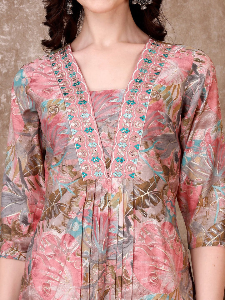 KALINI Floral Printed Regular Thread Work Kurta with Trousers & Dupatta